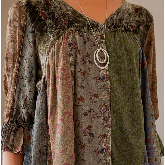 Young Threads Size Medium Gravel Patchwork Velvet Top - Picture 4 of 6